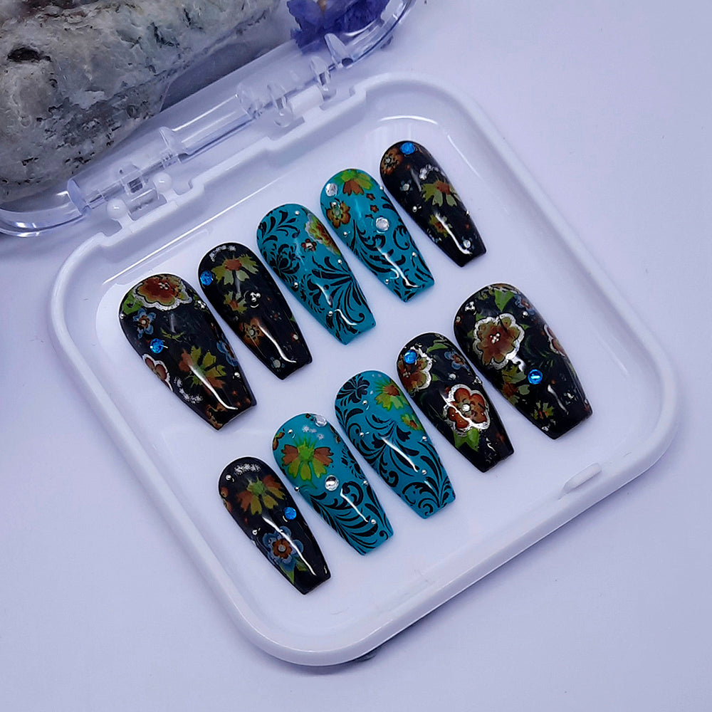 black and teal hand made press on nails with flowers and gems