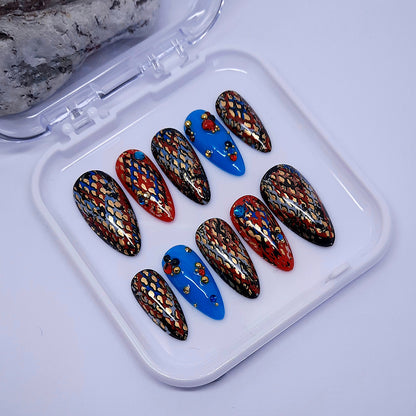 abstract metallic snakeskin press on nails with 3d nail art