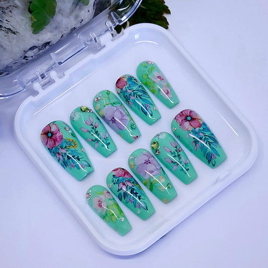 beautiful pastel green coffin press on nails with flowers, gems and pearls