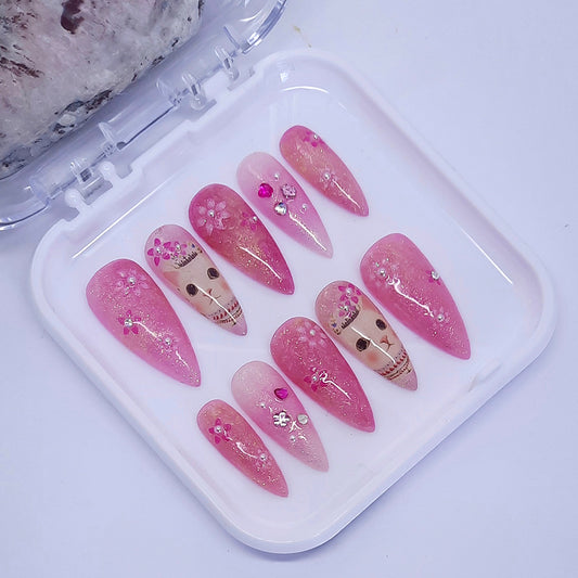 cute cat pink sparkly medium stiletto press on nails with flowers, pearls and gems