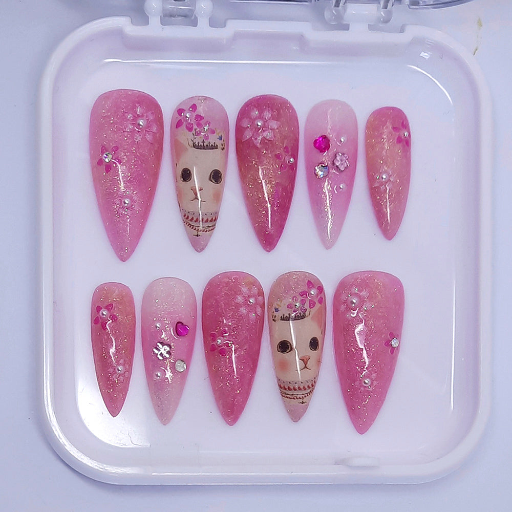 cute cat pink sparkly medium stiletto press on nails with flowers, pearls and gems