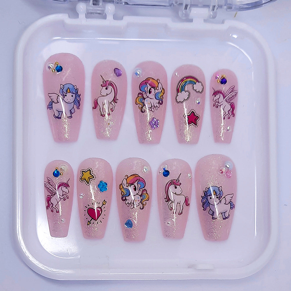 cute sparkly pink medium coffin press on nails with unicorns, pearls and gems