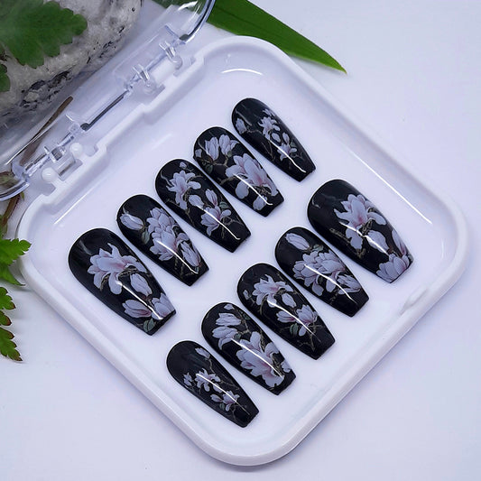 Beautiful classic black hand made press on nails with magnolia flowers
