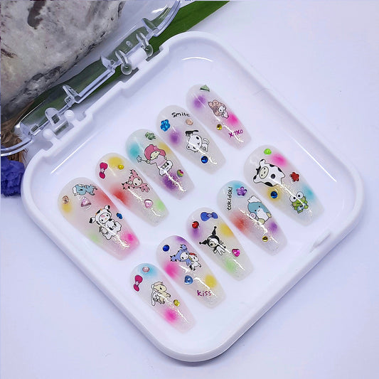 cute hand made press on nails with Kawaii Sanrio characters and gems