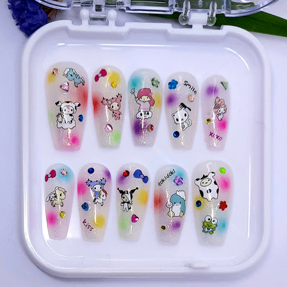 cute hand made press on nails with Kawaii Sanrio characters and gems