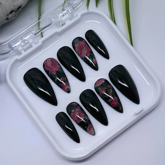 beautiful black press on nails with pink roses