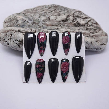 Glossy Black Press On Nails with Roses