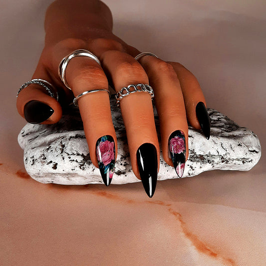 hand made black stiletto nails with pink roses