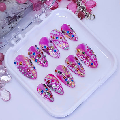 amazing colourful pink hand made press on nails with metallic studs