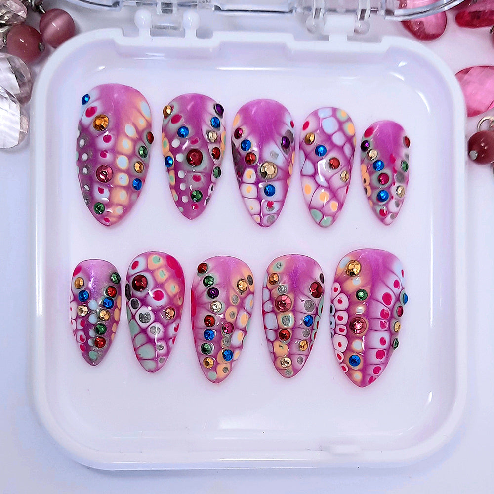 amazing colourful pink hand made press on nails with metallic studs