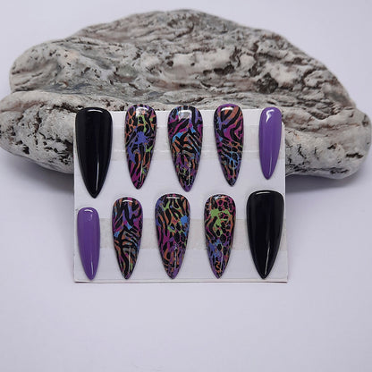 Black & Lilac Animal Print Press On Nails