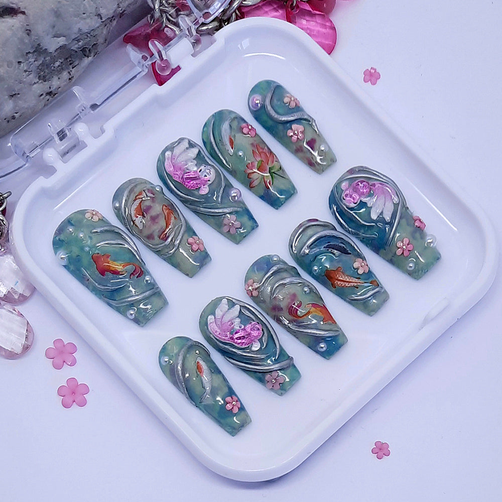 stunning hand made press on nails with 3d koi fish, flowers, pearls and water ripples