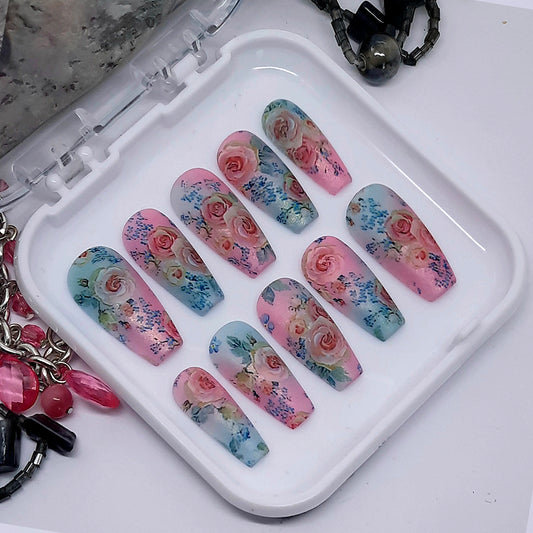 beautiful pink and blue press on nails with pink roses and blue flowers