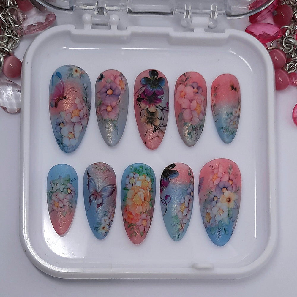 beautiful butterfly and flower press on nails in matte