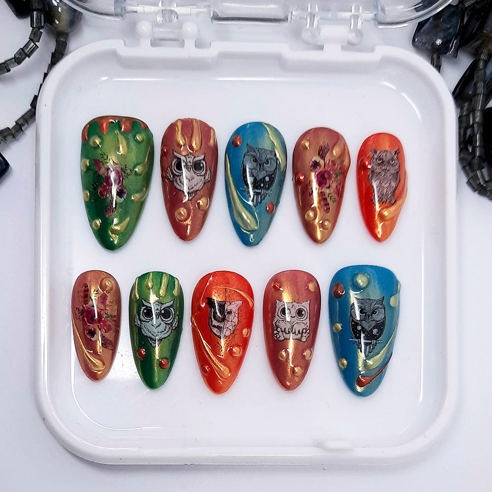 Set of colourful nail art designs with owls in a white case