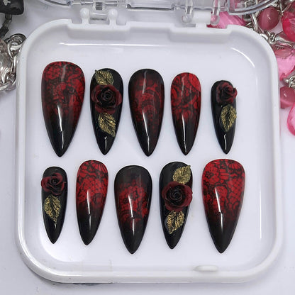 stunning black and red press on nails with black lace and 3d roses