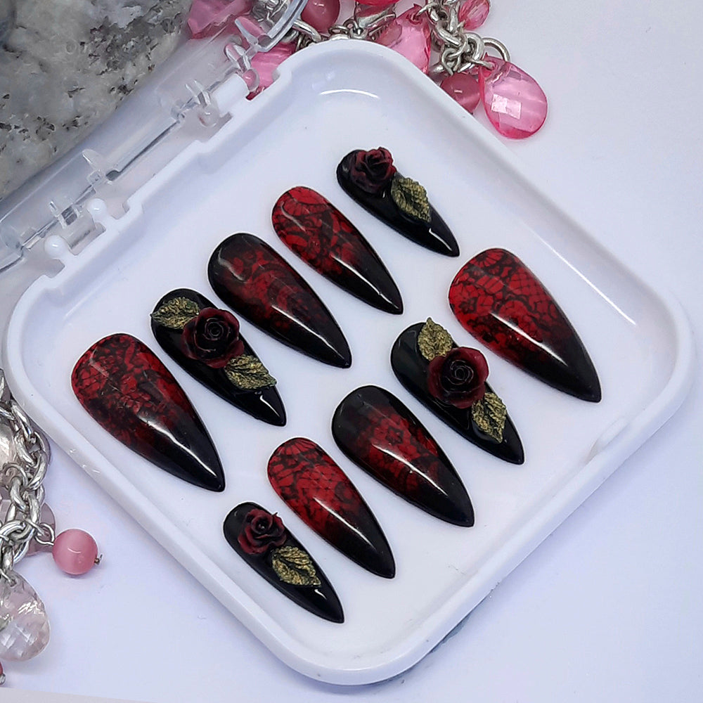 stunning black and red press on nails with black lace and 3d roses