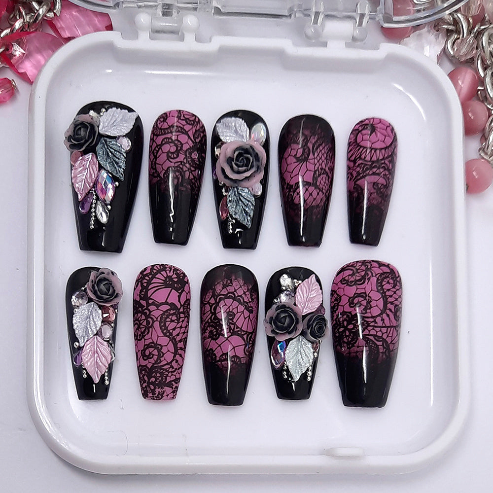 luxurious pink and black ombre press on nails with black lace and 3d roses, leaves and crystals