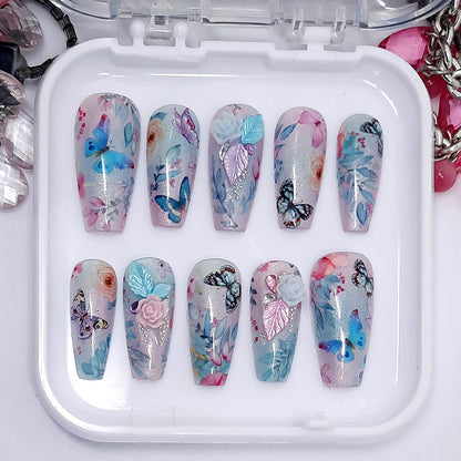 Blue & Lilac Press On Nails with Flowers & Butterflies