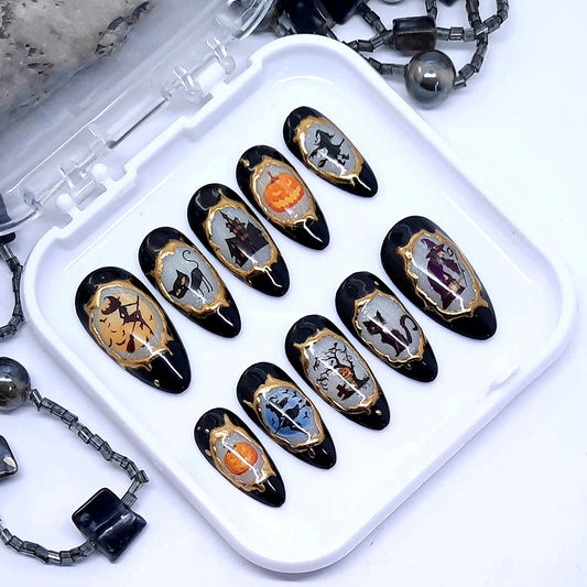 Gorgeous Halloween press on nails in black and a sparkling milky white, a spooky design on each nail surrounded in gold chrome. Finished in gloss top coat.