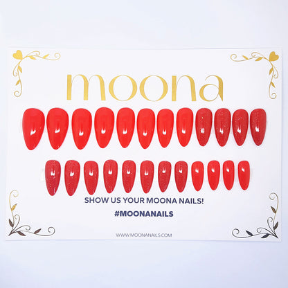 Moona nail extensions packaging with red nails on a white background