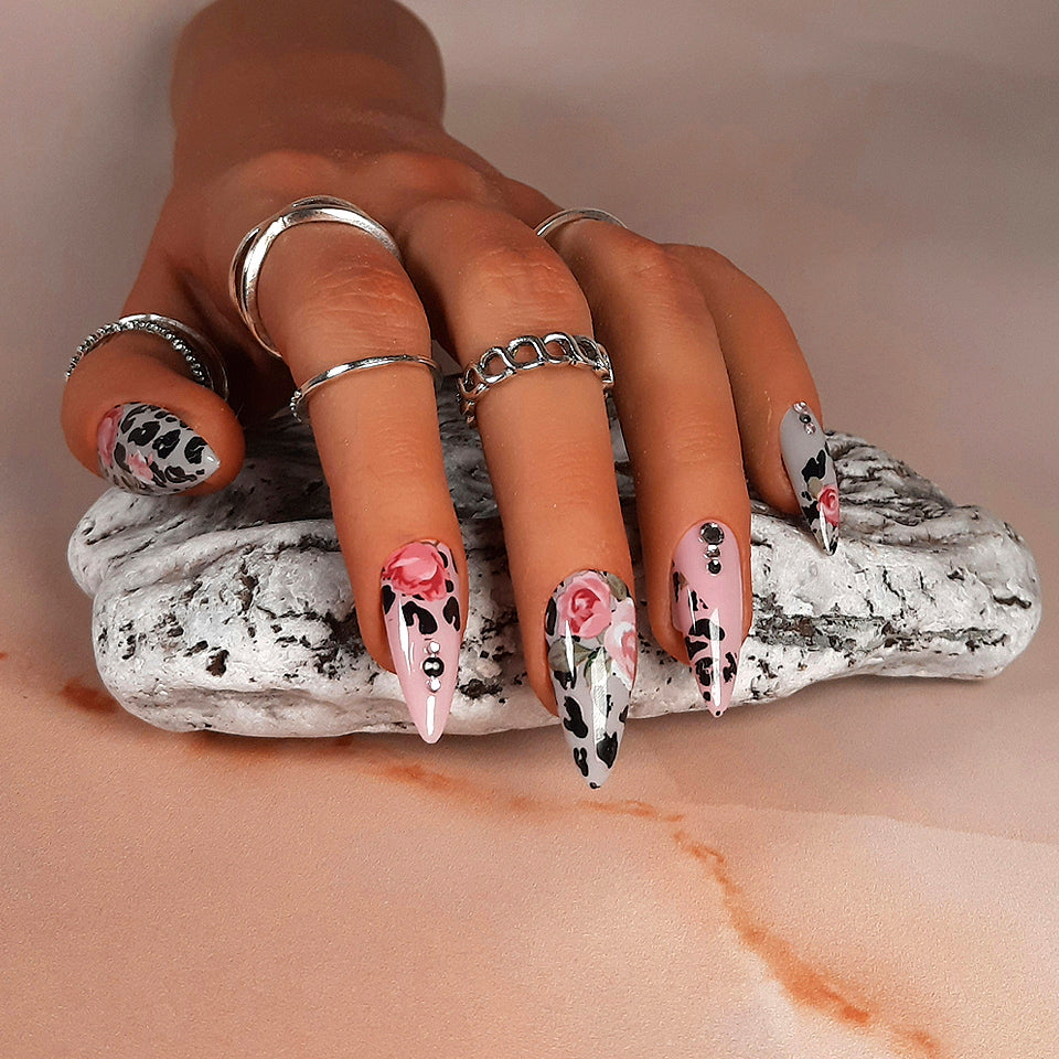 hand made pink and grey stiletto press on nails with animal print, roses and gems