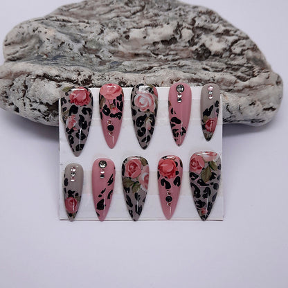 Pink & Grey Animal Print & Rose Press On Nails