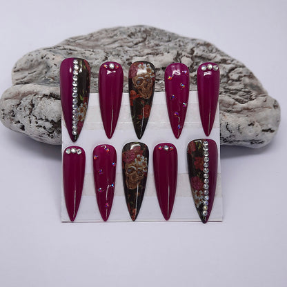Fuchsia Press On Nails with Skull, Flowers & Crystals