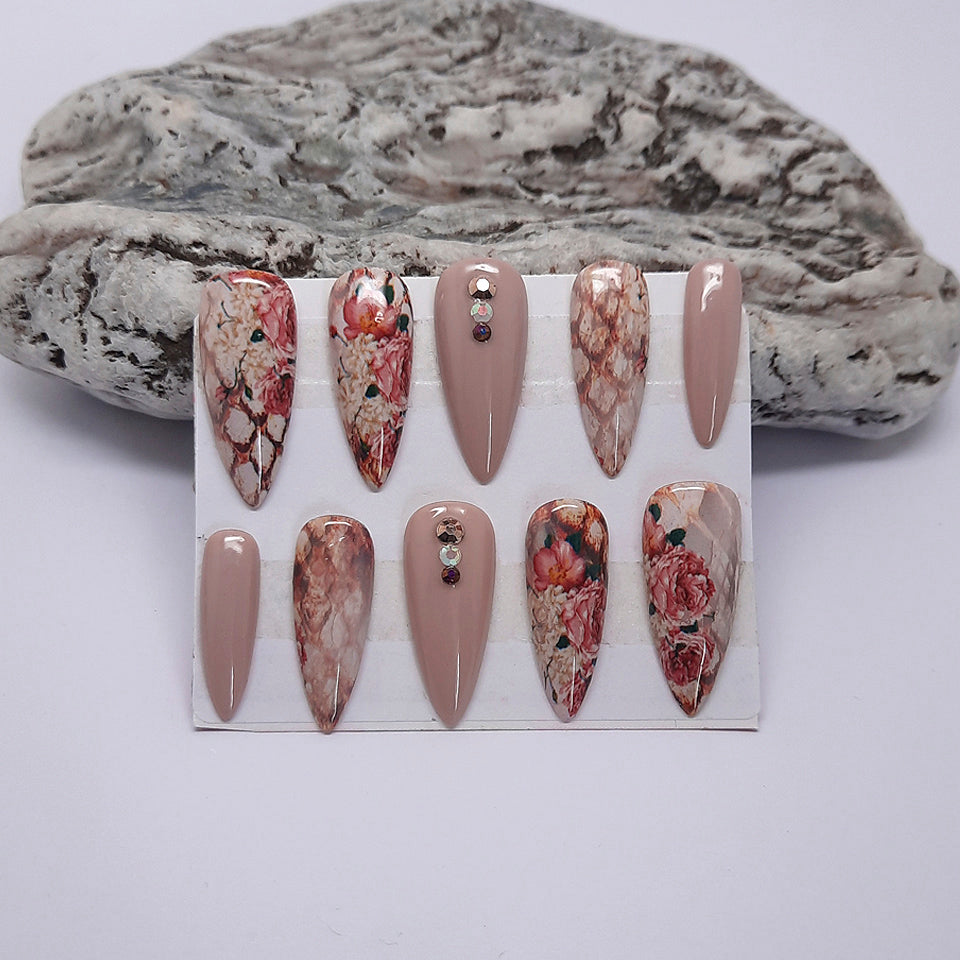 Snakeskin & Flowers Press On Nails with Crystals
