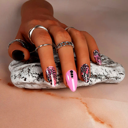 hand made black and pink animal print press on nails with black studs