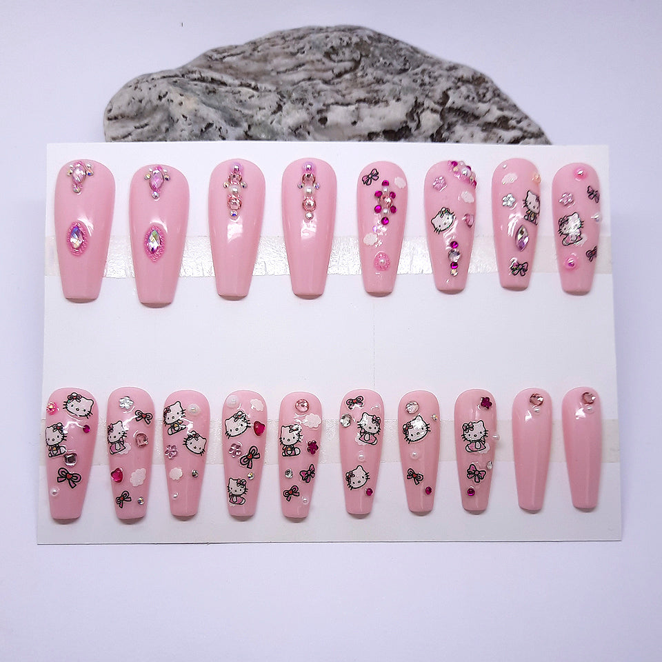 cute pink hand made long coffin press on nails with gems and pearls