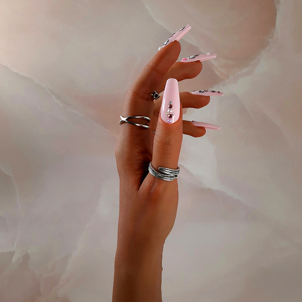 cute pink hand made long coffin press on nails with gems and pearls