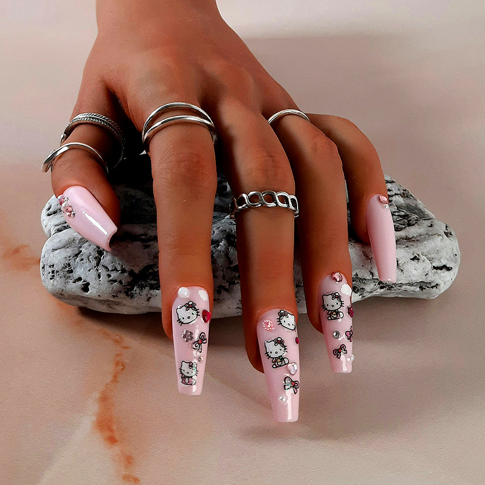 cute pink hand made long coffin press on nails with gems and pearls