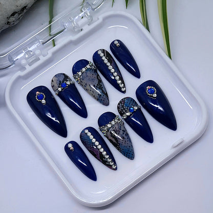 gorgeous sparkling dark blue press on nails with snakeskin and crystals