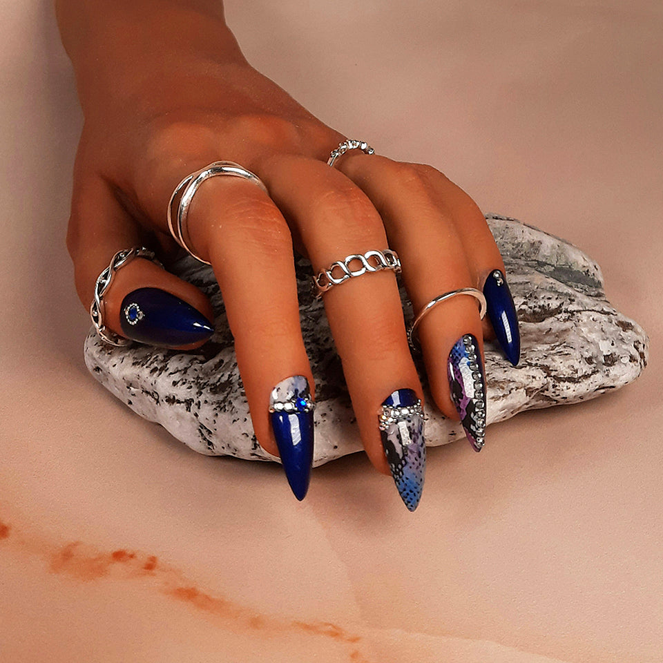 blue hand made stiletto press on nails with snakeskin and crystals