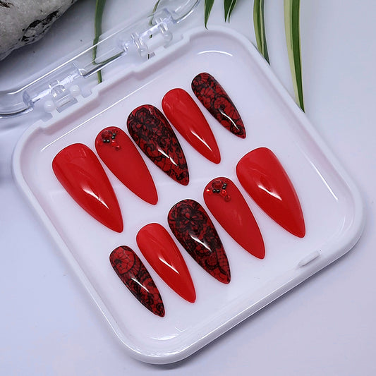 gorgeous red press on nails with black lace and crystals