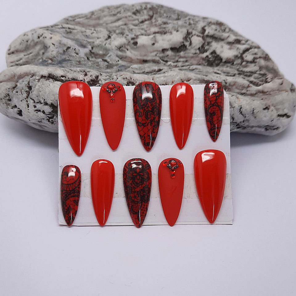 gorgeous red press on nails with black lace and crystals