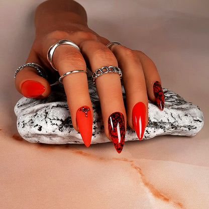 Red Press On Nails with Black Lace & Crystals