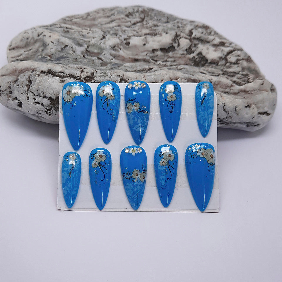 Blue Press On Nails with Flowers & Nail Art