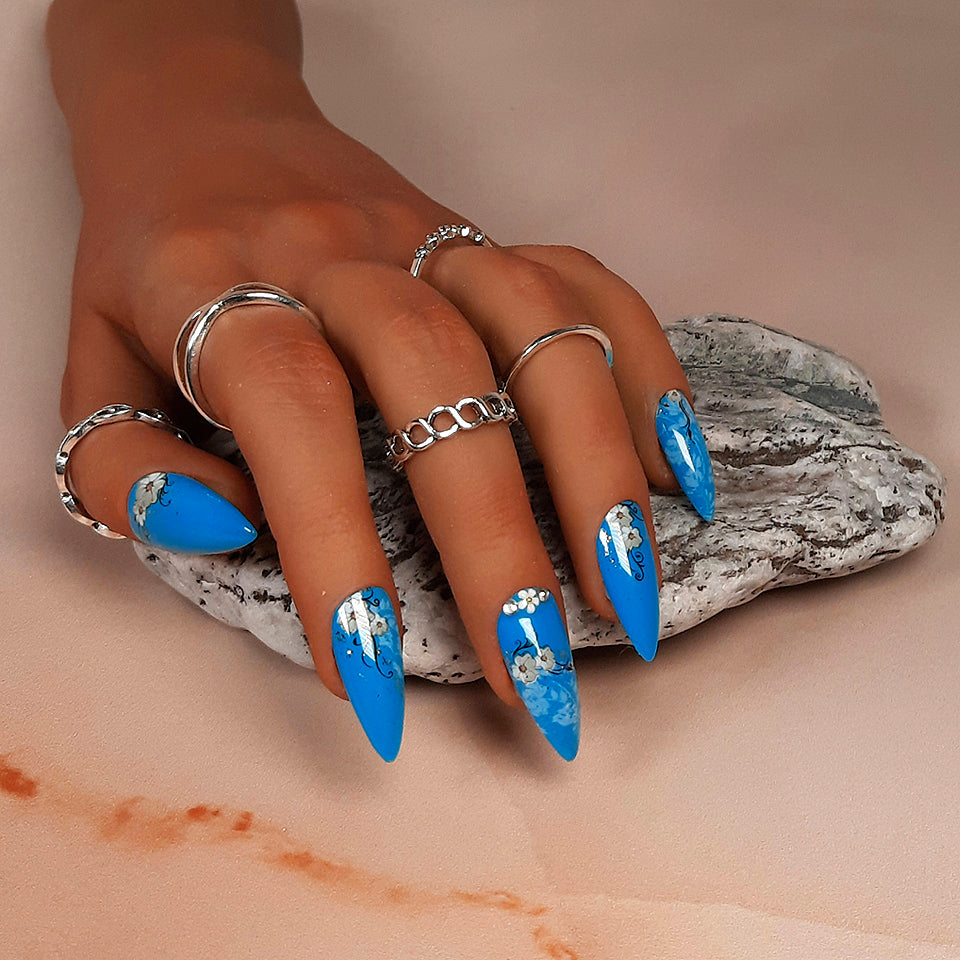 hand made blue stiletto press on nails with flowers, lace and nail art