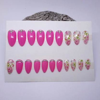 Pink & Clear Short Almond Press On Nails with Roses & Gems