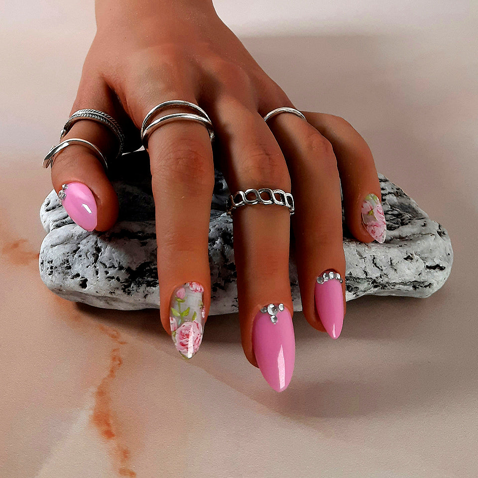 one size fits all 20 press on nails set, pink and clear glassy with roses and gems
