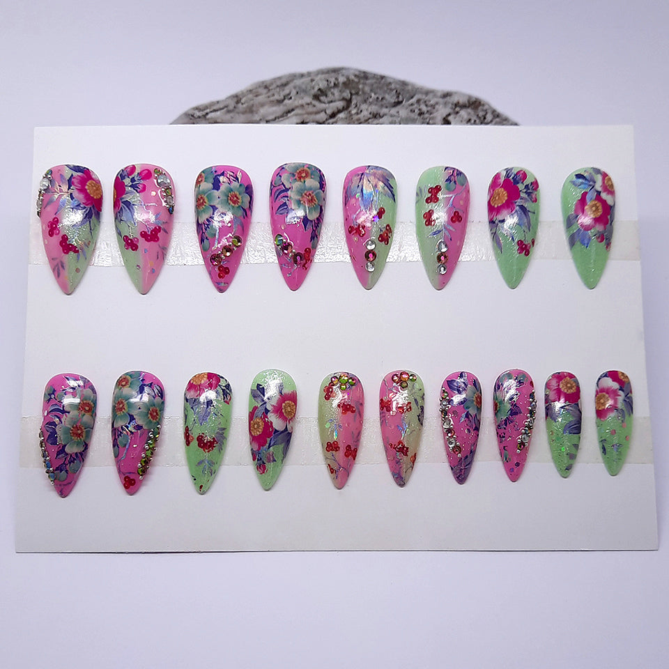 full 20 nail press on set, in pink and green with flowers, glitter and crystals