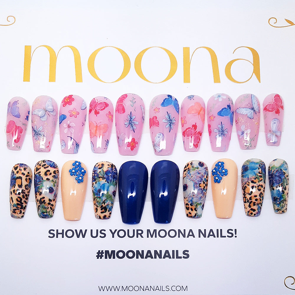 Collection of Moona nail art designs on a light gray background with brand name and call to action.