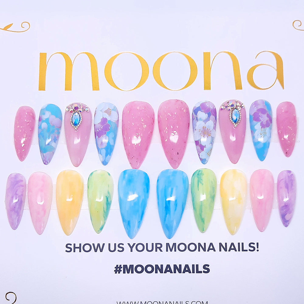Colorful nail art display with 'moona' brand name and promotional text on a light purple background.