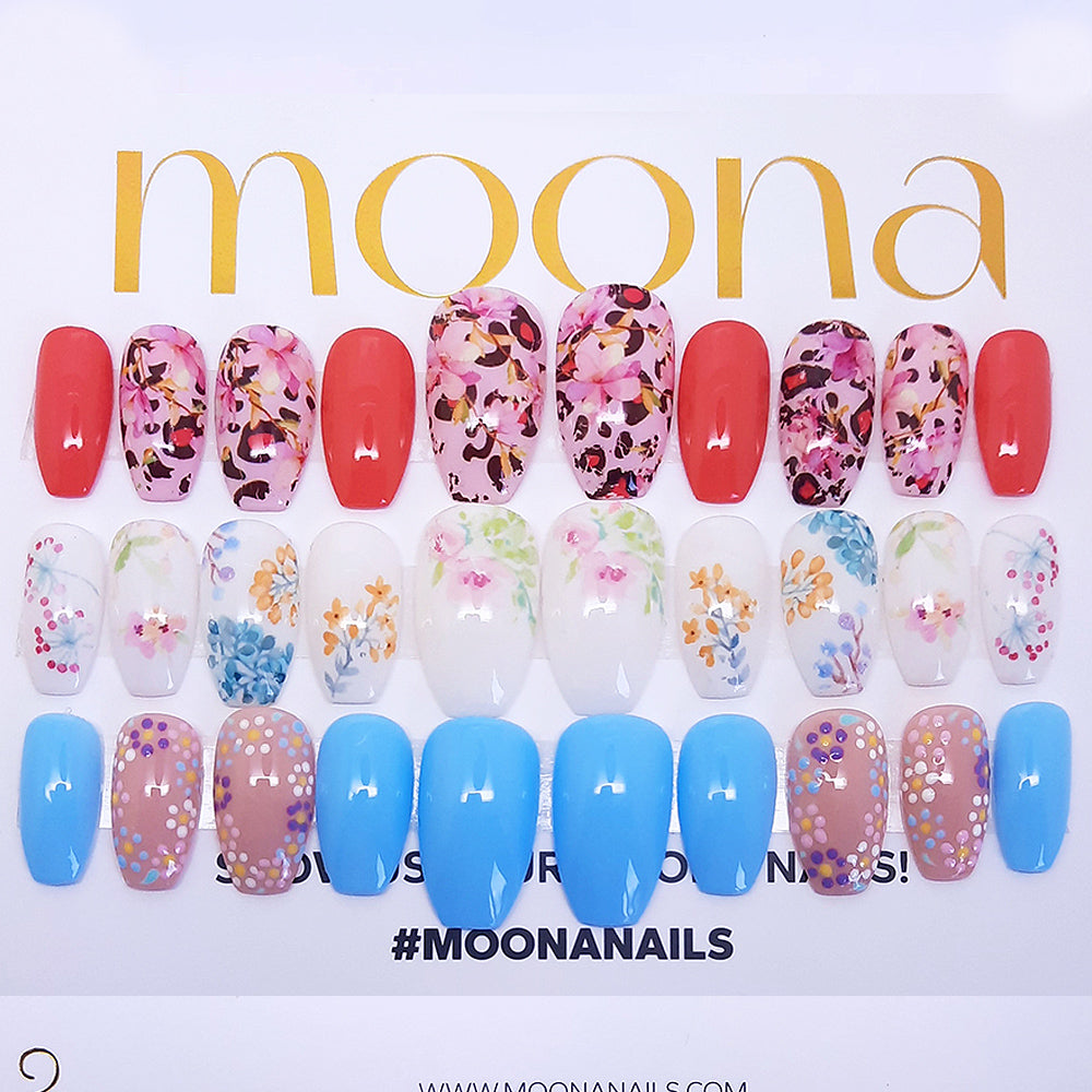 Collection of colorful nail designs with 'moona' branding on a white background