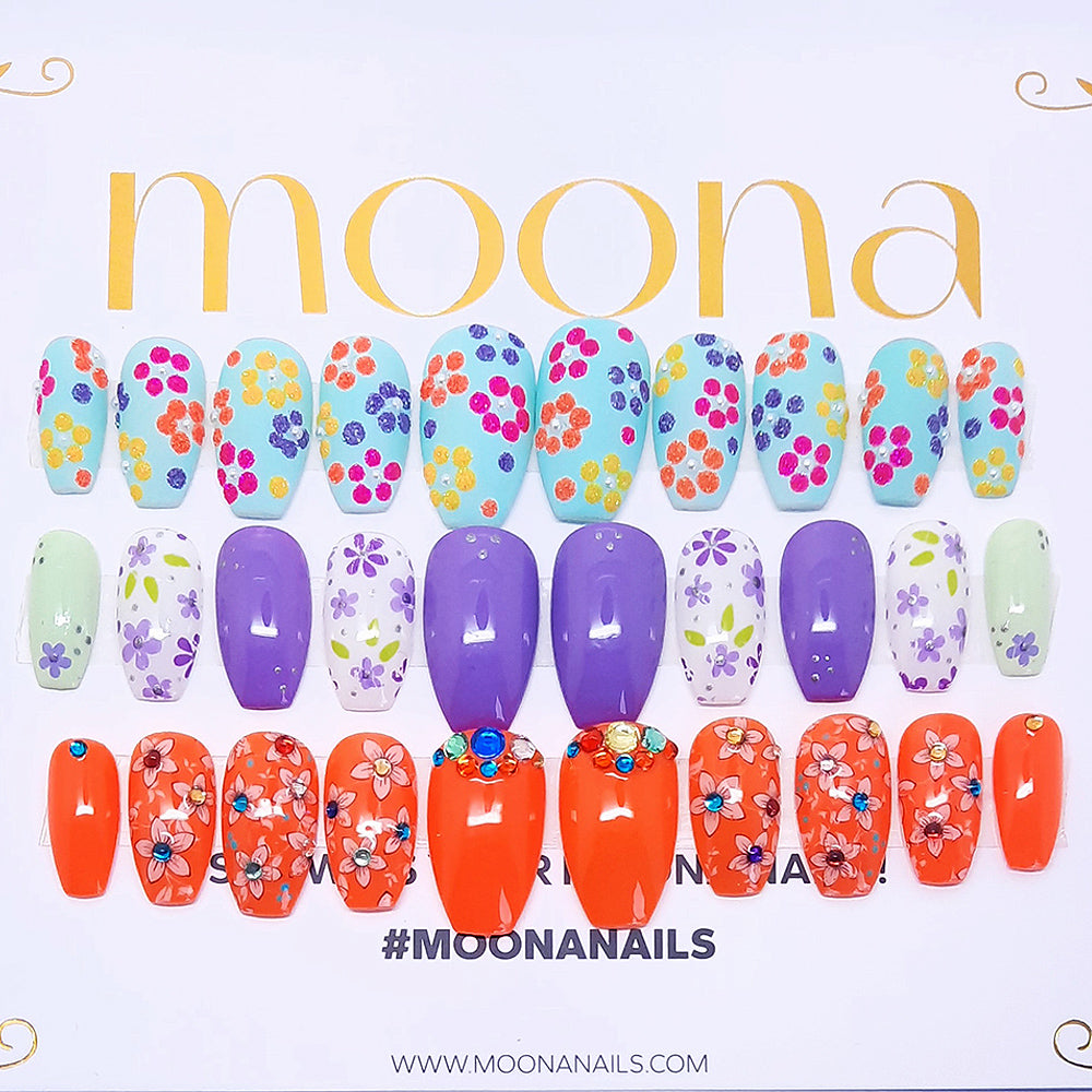 Collection of colorful nail art designs with 'moona' branding on a light purple background.