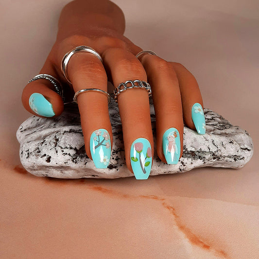 Pretty Pastel Green Press On Nails with Blossoms & Birds